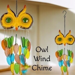 Metal-Multicolored Glass Owl Outdoor Hanging Wind Chimes-Patio/Garden Decor NWT